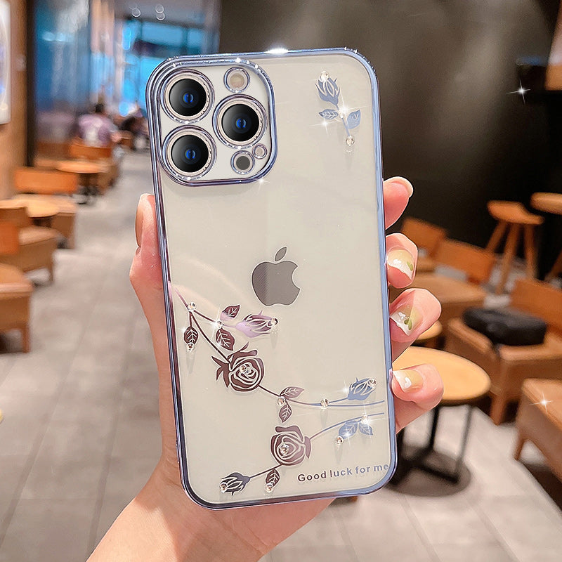 Anti-scratch Phone Cover for iPhone 12 Pro Electroplating Flower Pattern Rhinestone Decor Shockproof TPU Mobile Phone Case