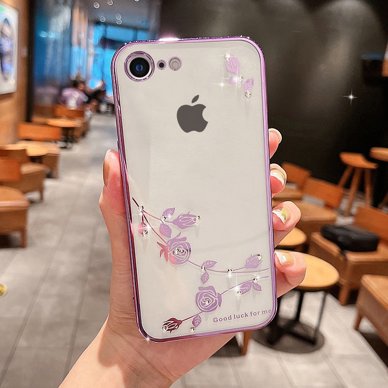 Anti-fall Back Cover for iPhone 7 8 4.7 inch SE (2020) SE (2022) Slim Flower Pattern Rhinestone Decor Soft TPU Electroplating Mobile Phone Case