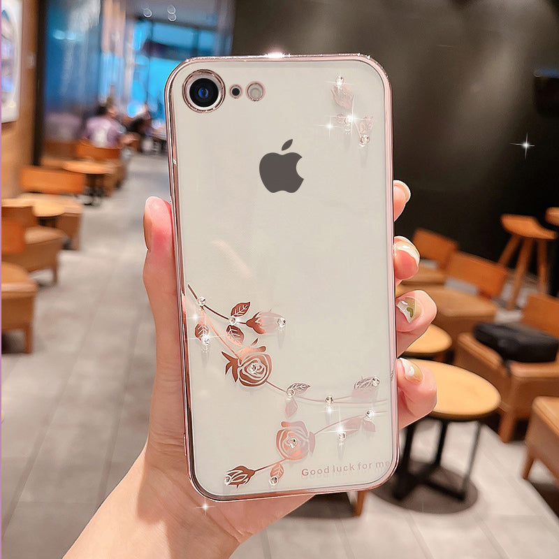 Anti-fall Back Cover for iPhone 7 8 4.7 inch SE (2020) SE (2022) Slim Flower Pattern Rhinestone Decor Soft TPU Electroplating Mobile Phone Case