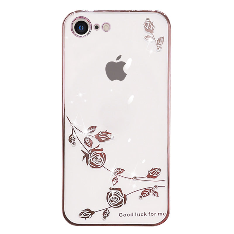 Anti-fall Back Cover for iPhone 7 8 4.7 inch SE (2020) SE (2022) Slim Flower Pattern Rhinestone Decor Soft TPU Electroplating Mobile Phone Case