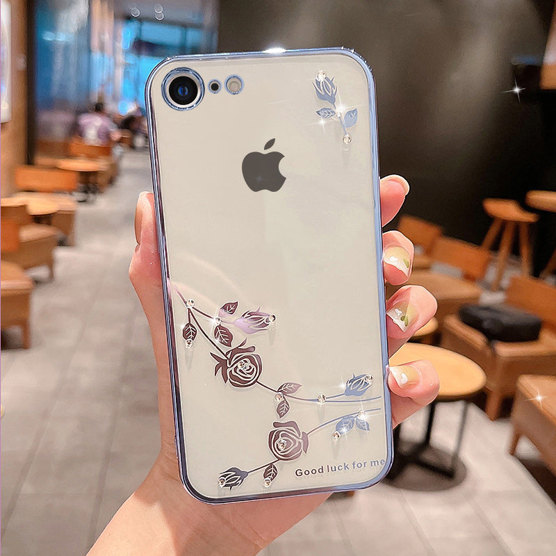 Anti-fall Back Cover for iPhone 7 8 4.7 inch SE (2020) SE (2022) Slim Flower Pattern Rhinestone Decor Soft TPU Electroplating Mobile Phone Case