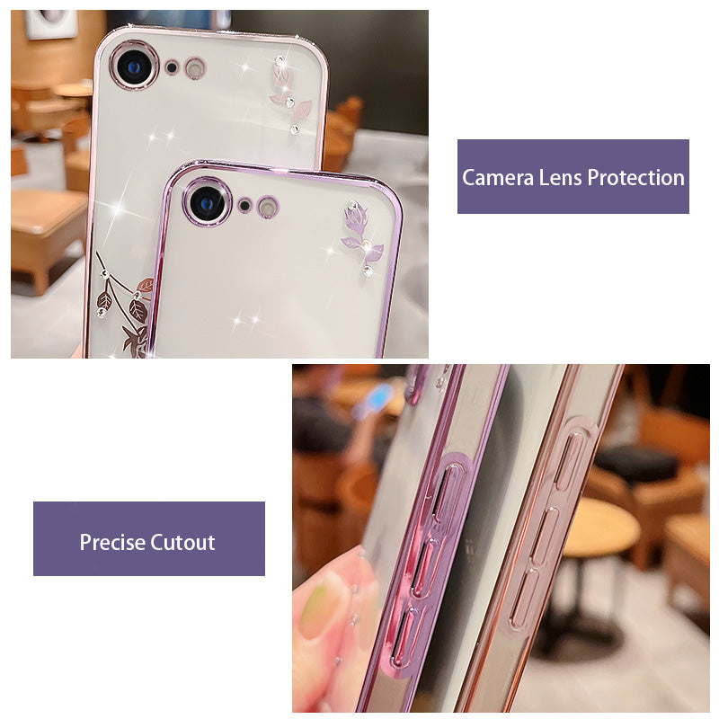 Anti-fall Back Cover for iPhone 7 8 4.7 inch SE (2020) SE (2022) Slim Flower Pattern Rhinestone Decor Soft TPU Electroplating Mobile Phone Case