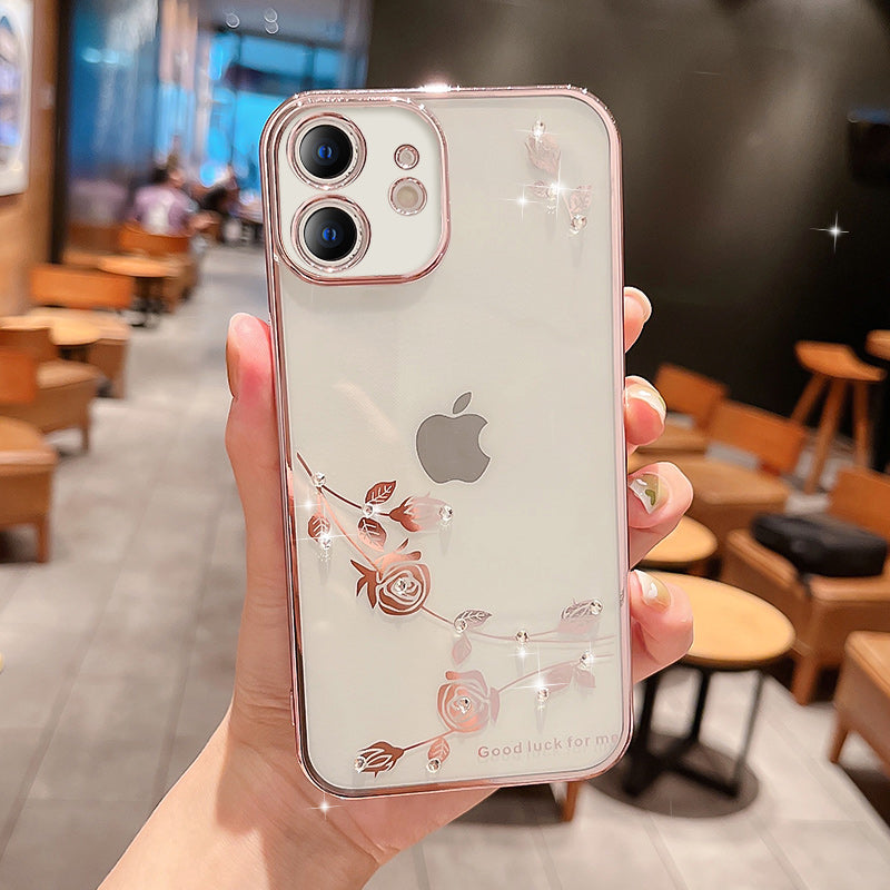 For iPhone 12 6.1 inch Slim Flower Pattern Anti-drop Phone Back Cover Rhinestone Decor Soft TPU Electroplating Scratch-resistant Phone Case