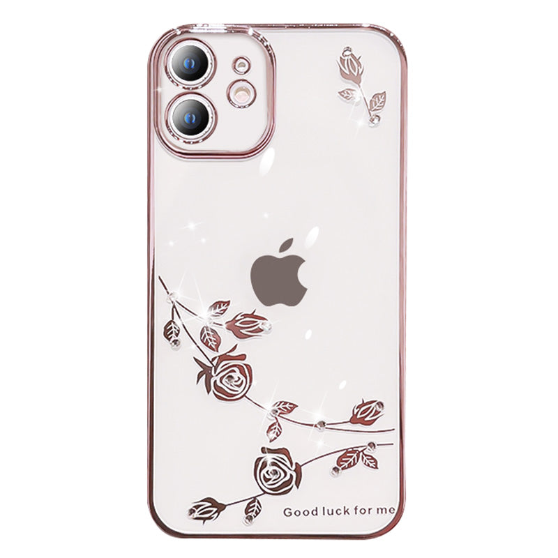 For iPhone 12 6.1 inch Slim Flower Pattern Anti-drop Phone Back Cover Rhinestone Decor Soft TPU Electroplating Scratch-resistant Phone Case