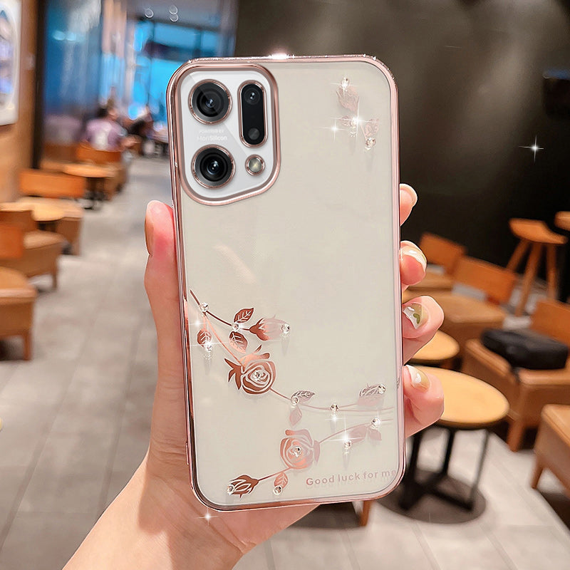 For Oppo Find X5 Electroplating Rhinestone Decor Flower Pattern Anti-shock Phone Back Cover Drop-proof Soft TPU Phone Case
