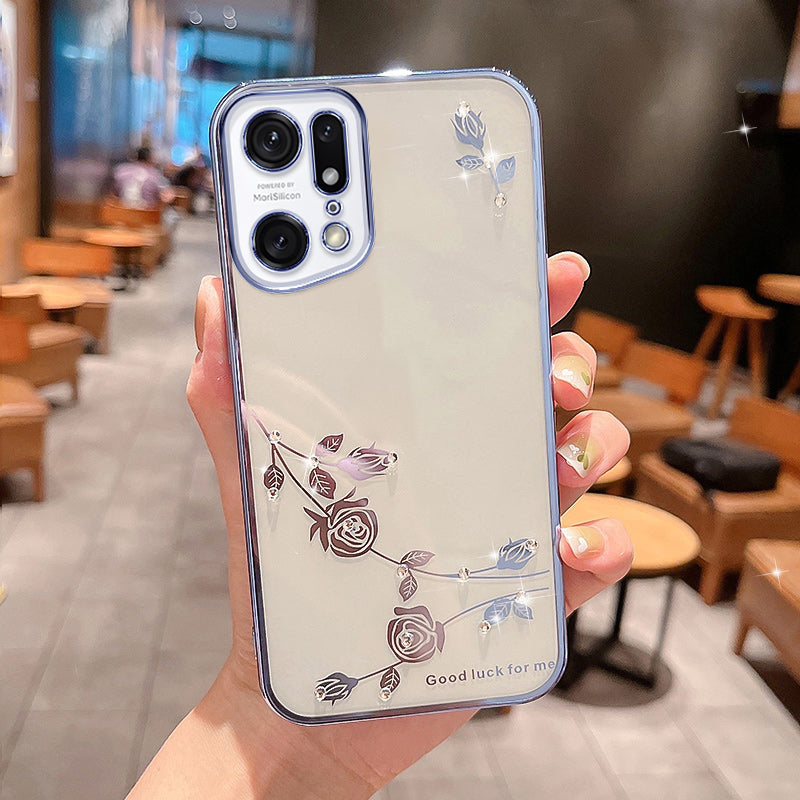 Flower Pattern TPU Phone Case For Oppo Find X5 Pro 5G Rhinestone Decor Electroplating Phone Back Cover