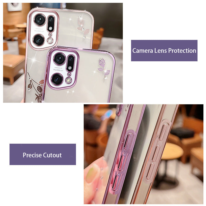 Flower Pattern TPU Phone Case For Oppo Find X5 Pro 5G Rhinestone Decor Electroplating Phone Back Cover