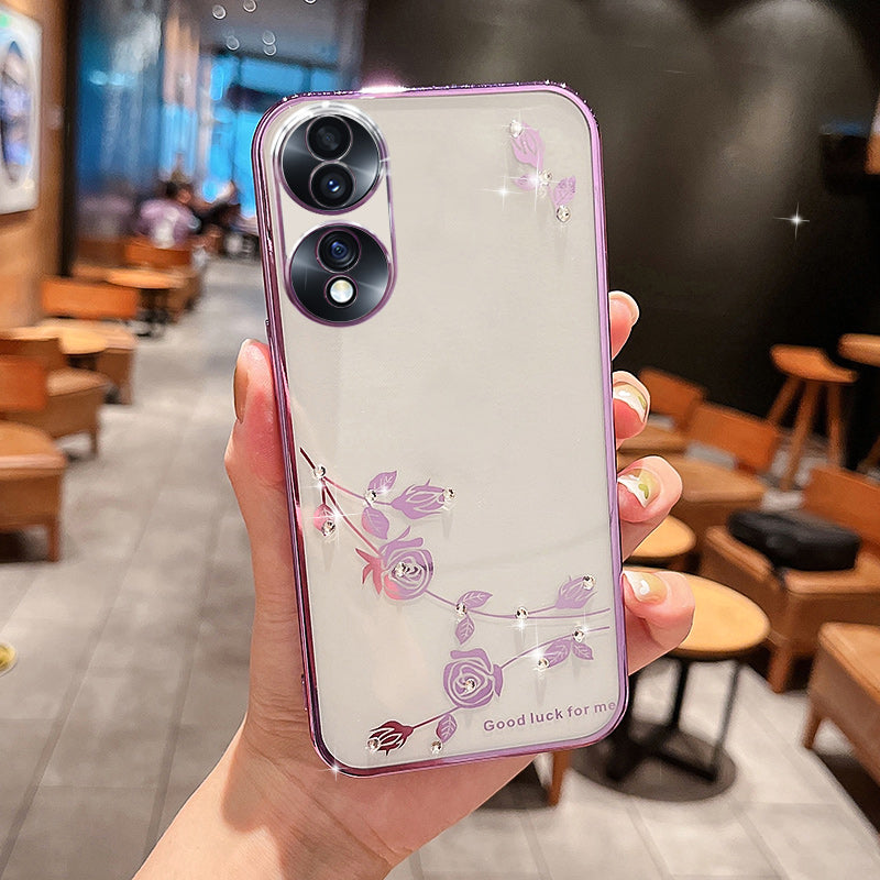 For Honor 70 5G Lightweight Flower Pattern Protective Phone Cover Rhinestone Decor Soft TPU Electroplating Phone Case