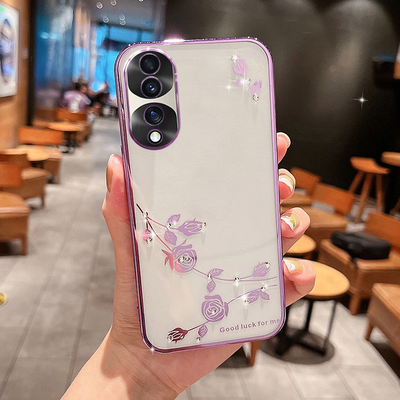 For Honor 70 Pro 5G Electroplating Rhinestone Decor Flower Pattern Soft TPU Phone Cover Anti-scratch Smartphone Case