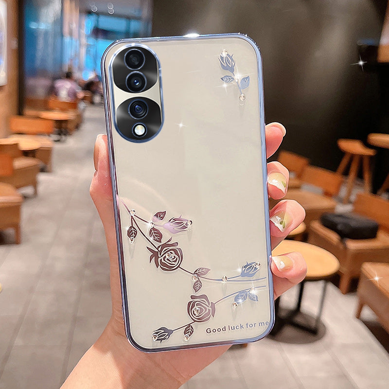 For Honor 70 Pro 5G Electroplating Rhinestone Decor Flower Pattern Soft TPU Phone Cover Anti-scratch Smartphone Case