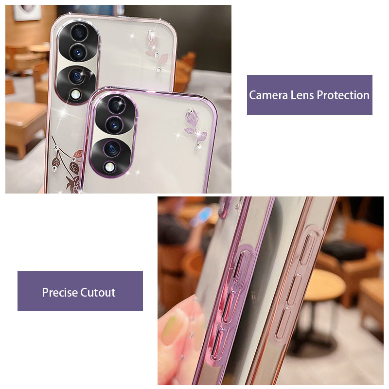 For Honor 70 Pro 5G Electroplating Rhinestone Decor Flower Pattern Soft TPU Phone Cover Anti-scratch Smartphone Case
