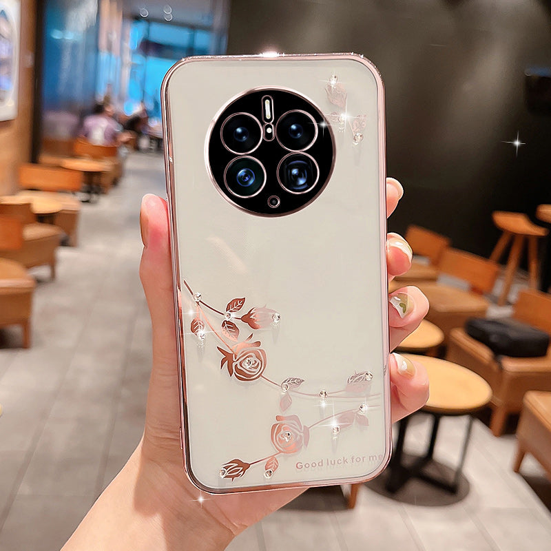 Drop-proof Soft TPU Phone Cover for Huawei Mate 50 Pro 4G Flower Pattern Rhinestone Decor Electroplating Smartphone Case