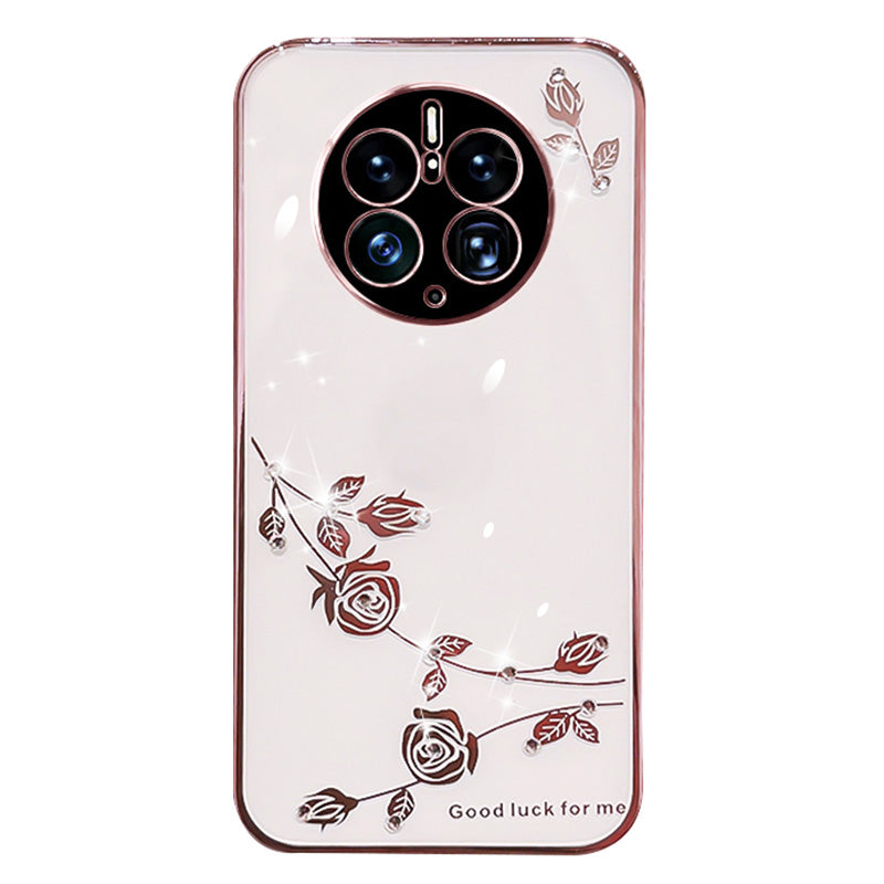 Drop-proof Soft TPU Phone Cover for Huawei Mate 50 Pro 4G Flower Pattern Rhinestone Decor Electroplating Smartphone Case