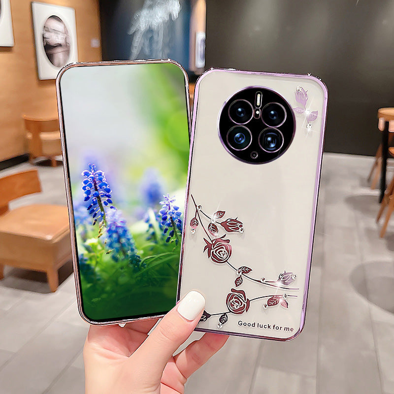 Drop-proof Soft TPU Phone Cover for Huawei Mate 50 Pro 4G Flower Pattern Rhinestone Decor Electroplating Smartphone Case