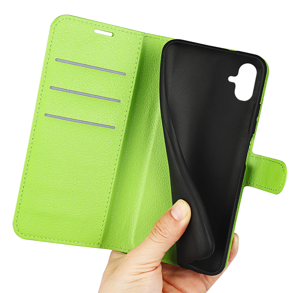 Phone Stand Wallet Cover for Samsung Galaxy A04e 4G / F04 4G / M04 4G Litchi Texture PU Leather Anti-scratch Phone Flip Case