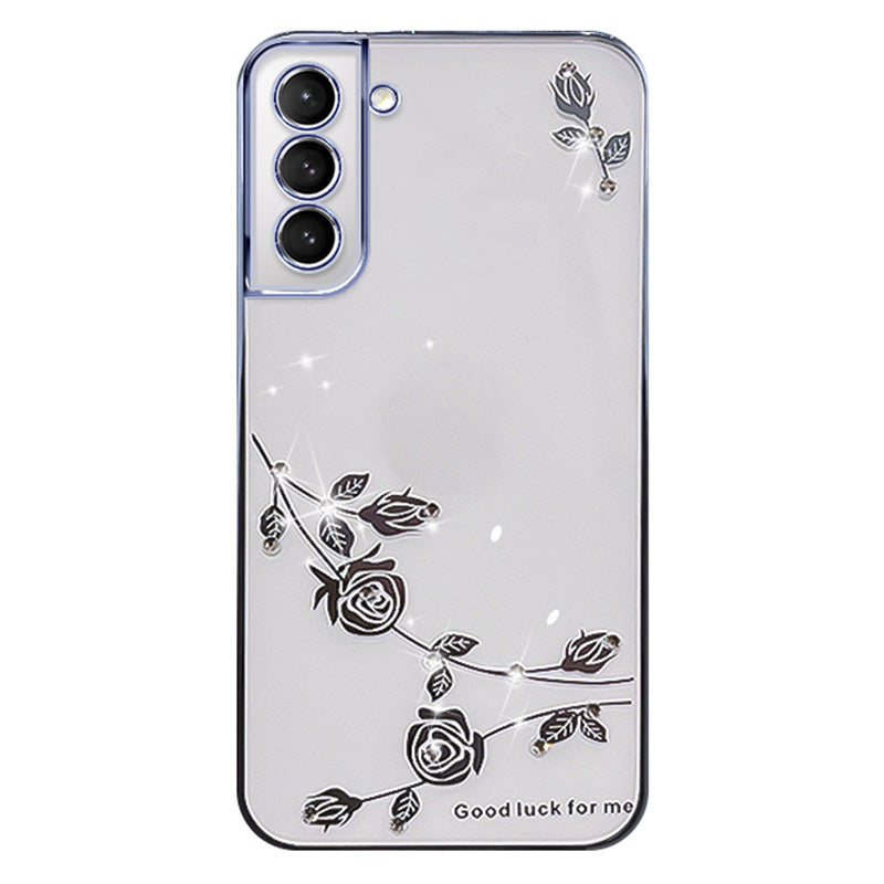 For Samsung Galaxy S21 5G 4G Flower Pattern Soft TPU Protective Phone Case Rhinestone Decor Slim Electroplating Mobile Phone Cover