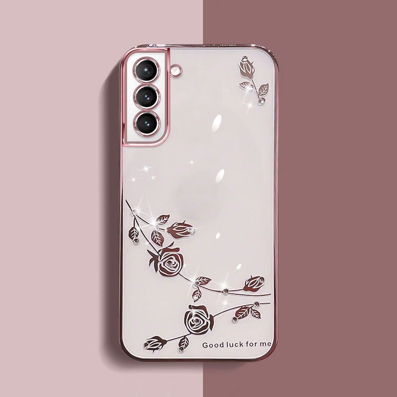 For Samsung Galaxy S21 5G 4G Flower Pattern Soft TPU Protective Phone Case Rhinestone Decor Slim Electroplating Mobile Phone Cover