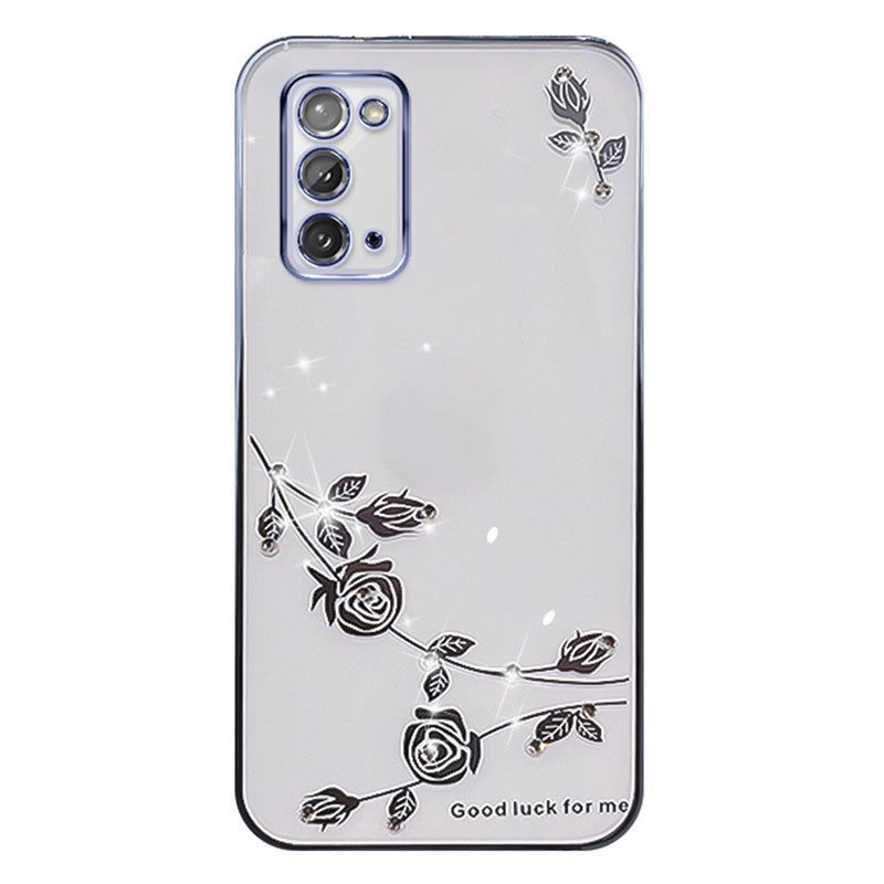 Shockproof Phone Case For Samsung Galaxy Note20 5G Note20 Rhinestone Decor Electroplating Flower Pattern TPU Back Cover