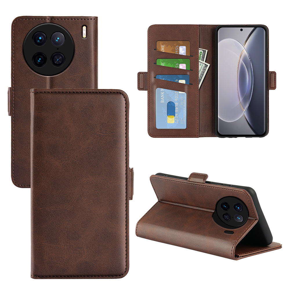 For vivo X90 Pro 5G Calf Texture Stand Phone Case PU Leather Dual Magnetic Clasp Wallet Drop Protection Phone Cover