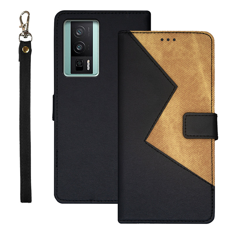 IDEWEI For Xiaomi Poco F5 Pro 5G Redmi K60 Pro 5G K60 5G Card Slots Color Splicing Leather Magnetic Phone Case with Wrist Strap