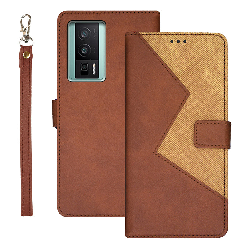 IDEWEI For Xiaomi Poco F5 Pro 5G Redmi K60 Pro 5G K60 5G Card Slots Color Splicing Leather Magnetic Phone Case with Wrist Strap