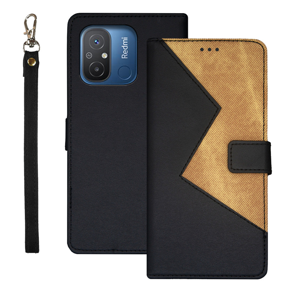 IDEWEI For Xiaomi Redmi 12C 4G Color Splicing Phone Cover with Card Slots Anti-drop PU Leather Magnetic Phone Case with Wrist Strap