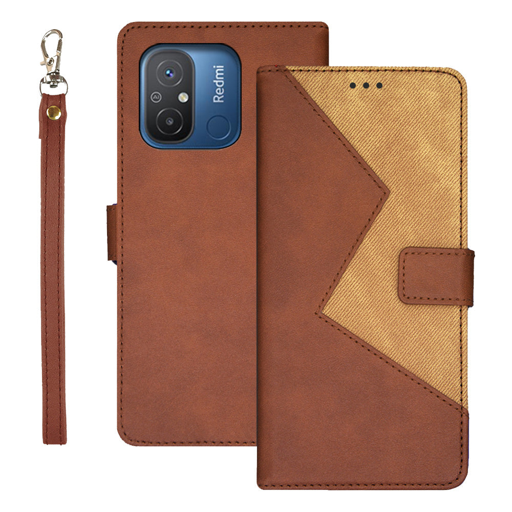 IDEWEI For Xiaomi Redmi 12C 4G Color Splicing Phone Cover with Card Slots Anti-drop PU Leather Magnetic Phone Case with Wrist Strap