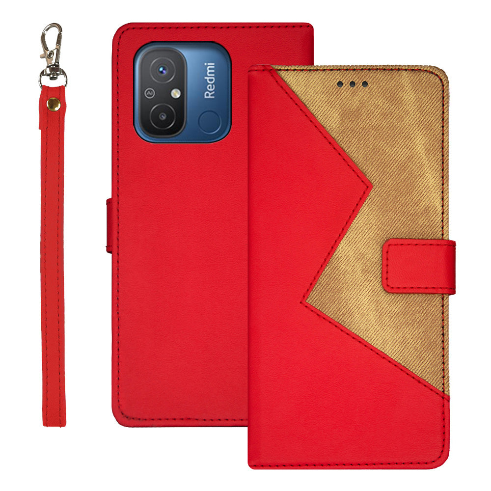 IDEWEI For Xiaomi Redmi 12C 4G Color Splicing Phone Cover with Card Slots Anti-drop PU Leather Magnetic Phone Case with Wrist Strap