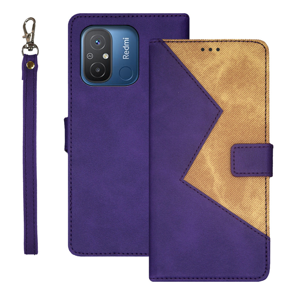IDEWEI For Xiaomi Redmi 12C 4G Color Splicing Phone Cover with Card Slots Anti-drop PU Leather Magnetic Phone Case with Wrist Strap