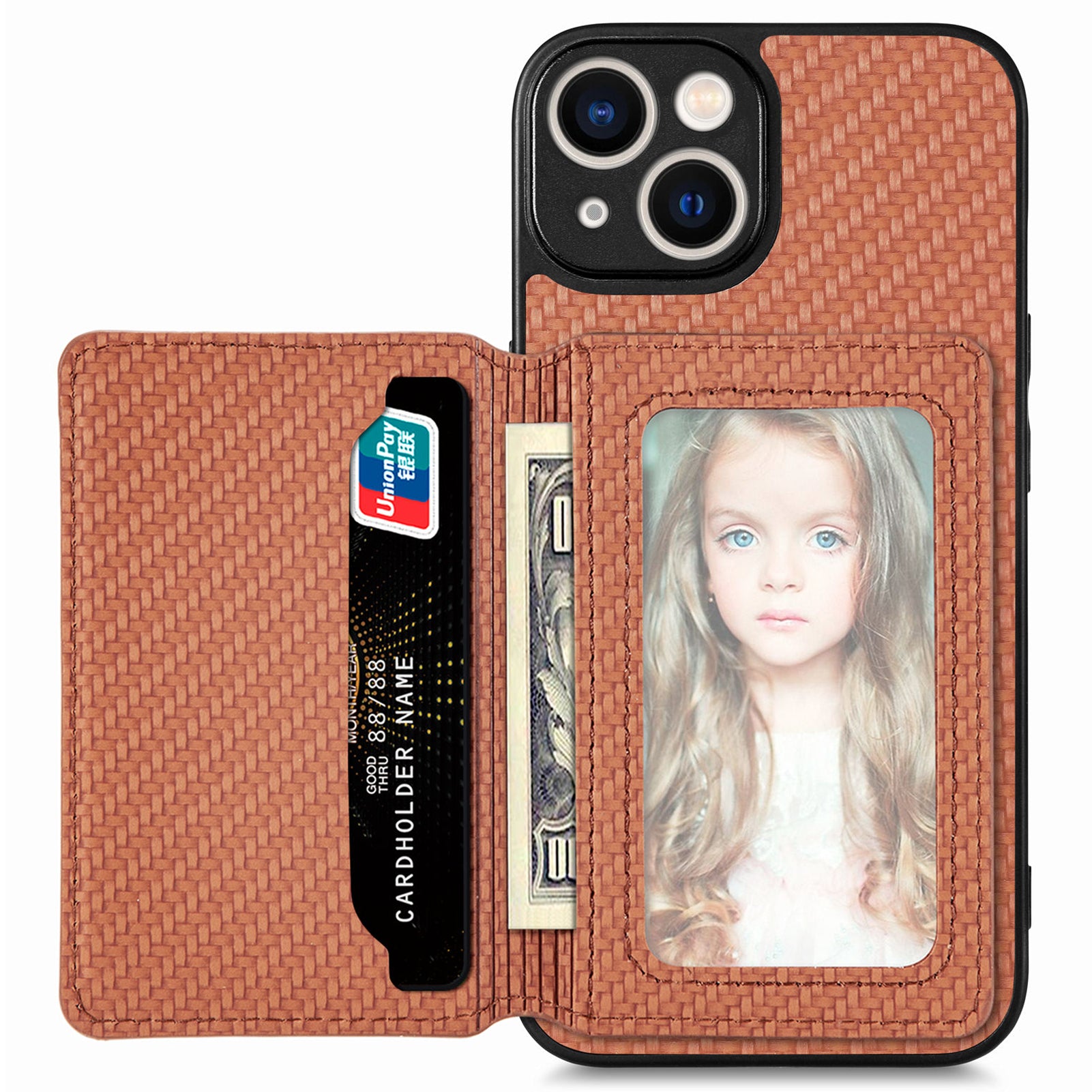 For iPhone 14 Plus Impact Resistant Carbon Fiber Texture RFID Blocking Phone Case Wallet Kickstand PU Leather Coated PC TPU Magnetic Cover