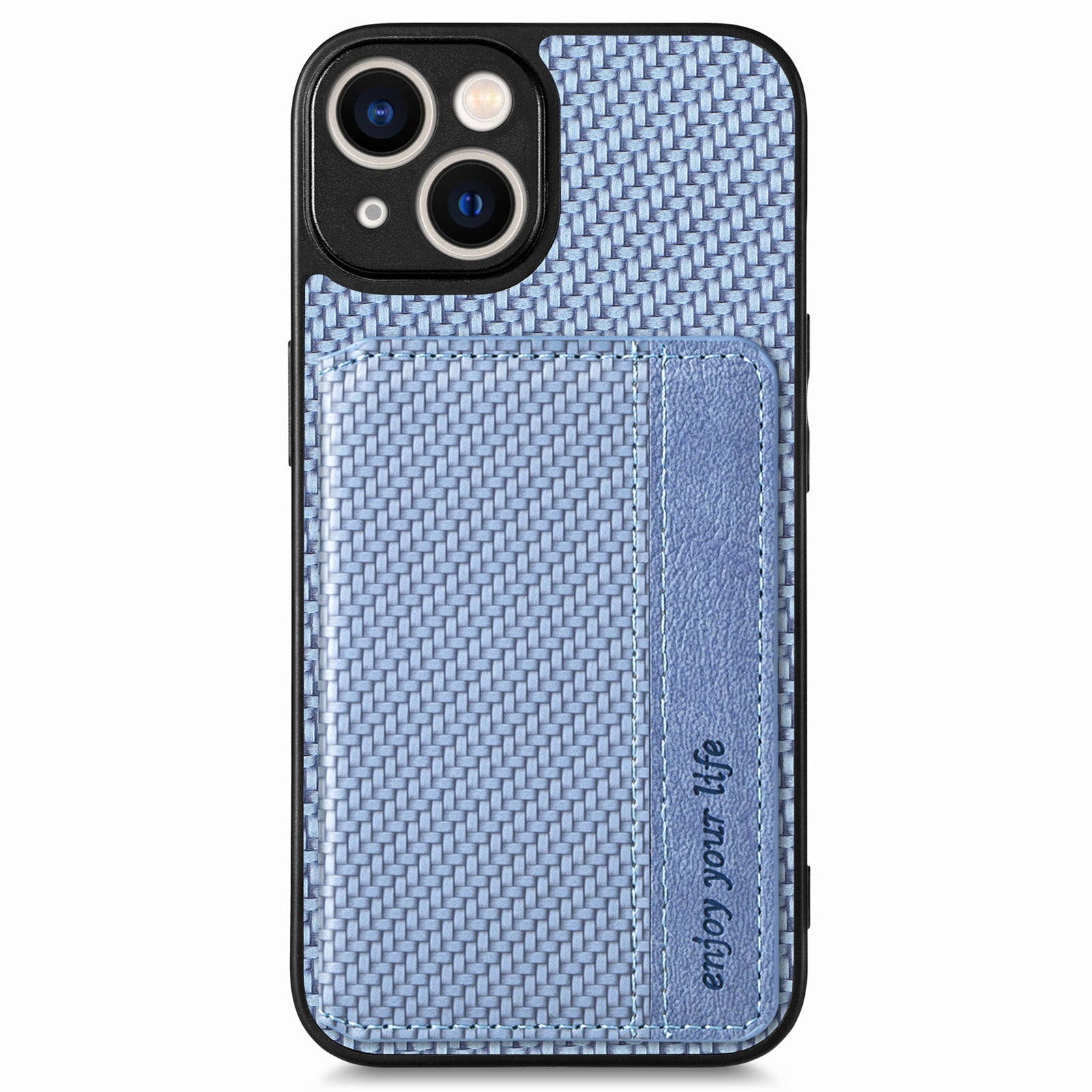 For iPhone 14 Plus Impact Resistant Carbon Fiber Texture RFID Blocking Phone Case Wallet Kickstand PU Leather Coated PC+TPU Magnetic Cover - Black