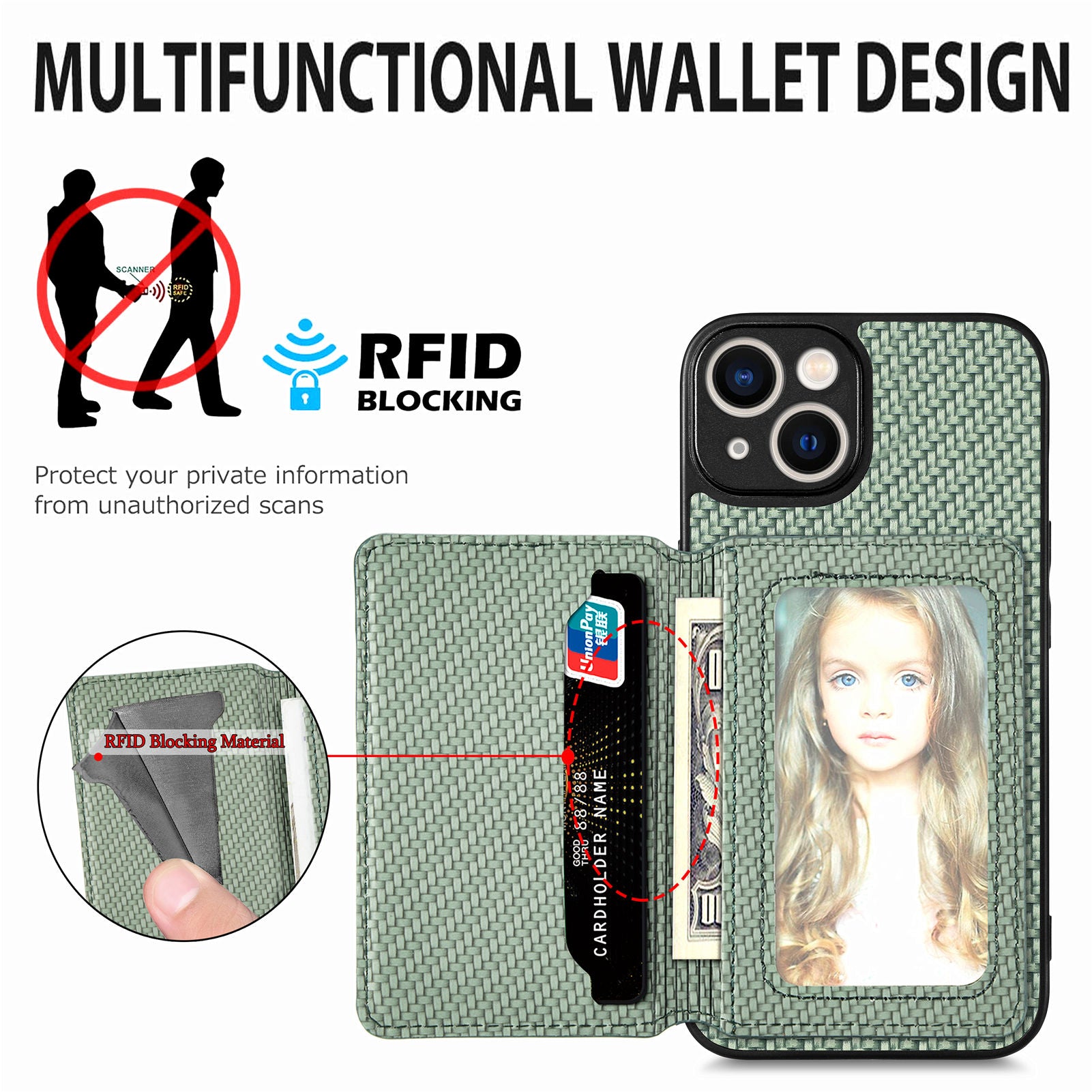 For iPhone 14 Plus Impact Resistant Carbon Fiber Texture RFID Blocking Phone Case Wallet Kickstand PU Leather Coated PC TPU Magnetic Cover