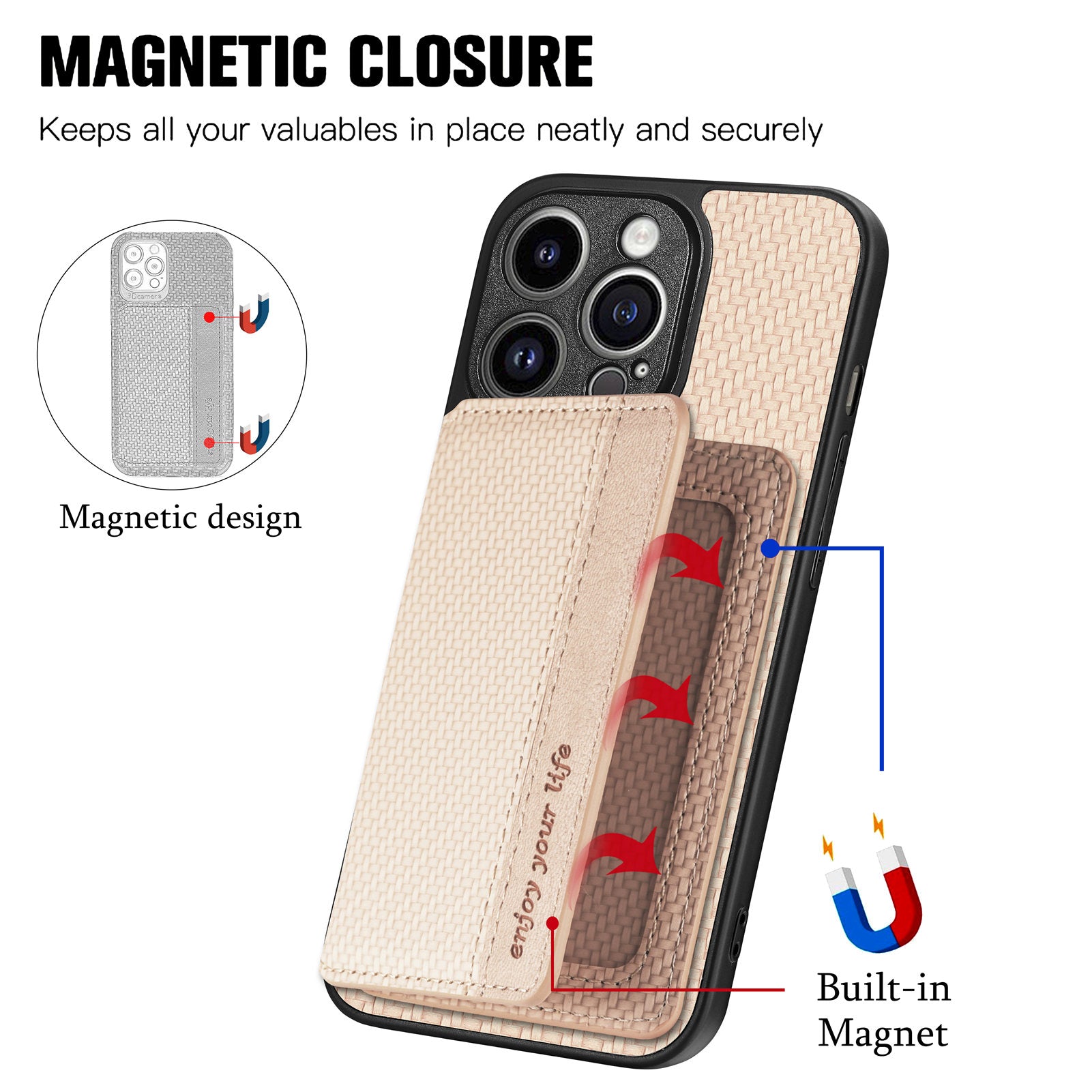For iPhone 14 Pro Carbon Fiber Texture RFID Blocking Phone Case Wallet Kickstand Scratch Proof PU Leather Coated PC TPU Magnetic Cover