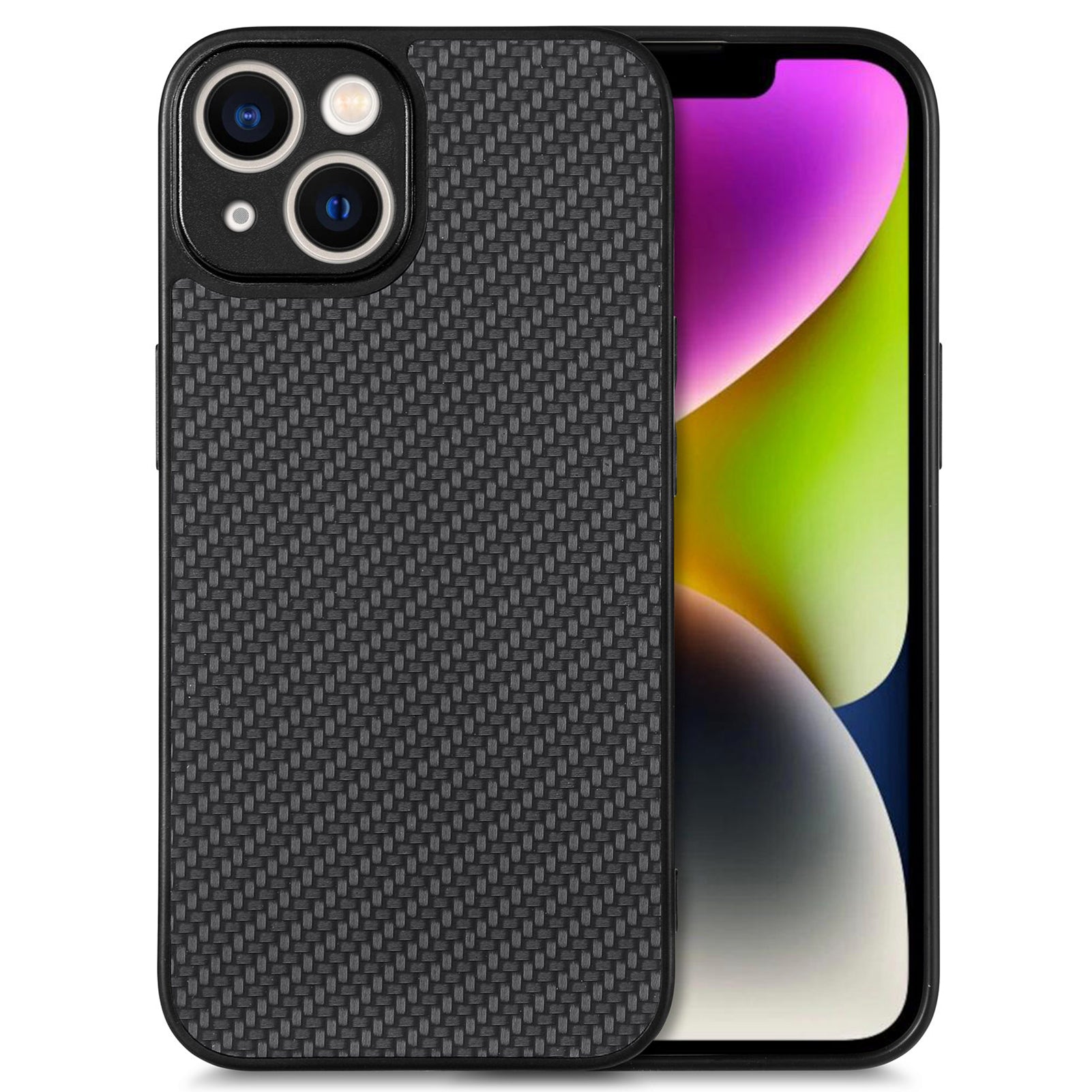 For iPhone 14 Carbon Fiber Texture PU Leather Coated PC TPU Protective Case Drop Resistant Cell Phone Cover