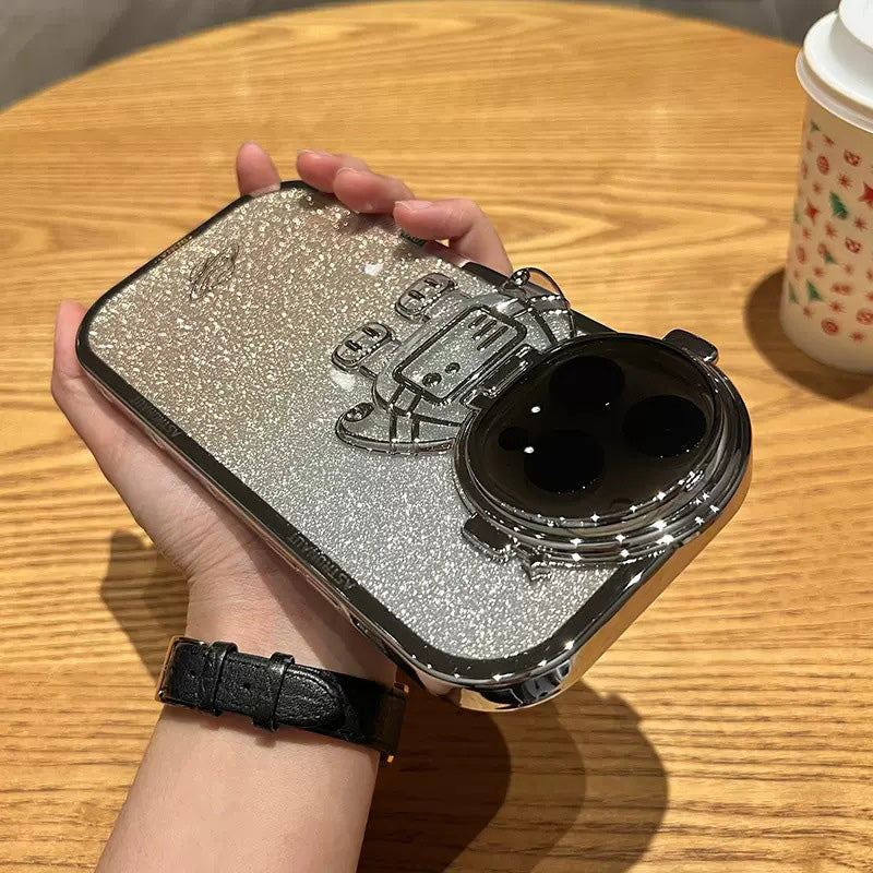 Shockproof Case for iPhone 12 Pro 6.1 inch Spaceman Glitter TPU Phone Case Anti-Fall Electroplating Phone Protector with Lens Cover Kickstand - Blue