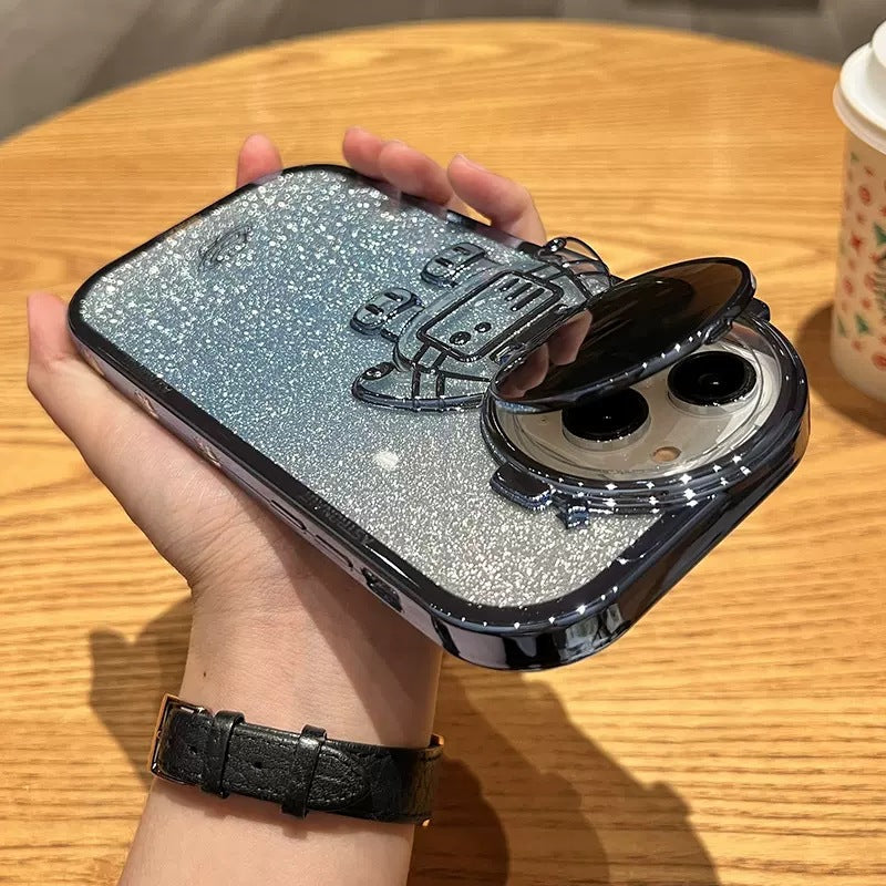Shockproof Case for iPhone 12 Pro 6.1 inch Spaceman Glitter TPU Phone Case Anti-Fall Electroplating Phone Protector with Lens Cover Kickstand