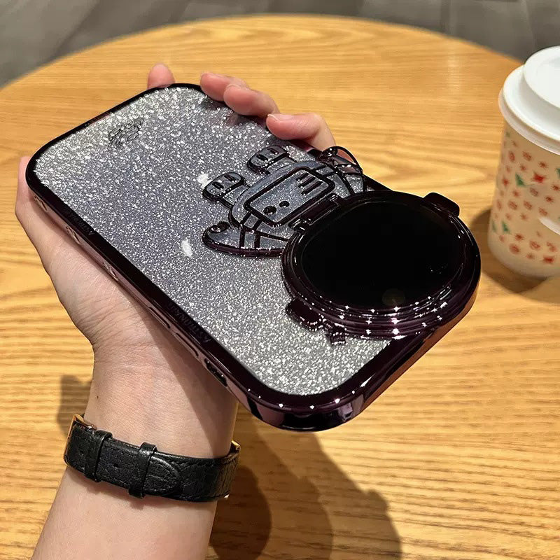 Spaceman Glitter Phone Case for iPhone 14 Pro Max Shockproof Case Anti-Fall Electroplating TPU Phone Shell with Lens Cover Kickstand