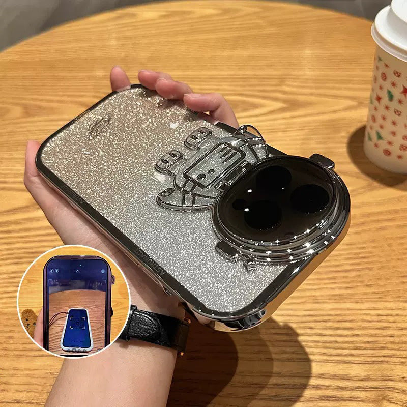 Spaceman Glitter Phone Case for iPhone 14 Pro Max Shockproof Case Anti-Fall Electroplating TPU Phone Shell with Lens Cover Kickstand