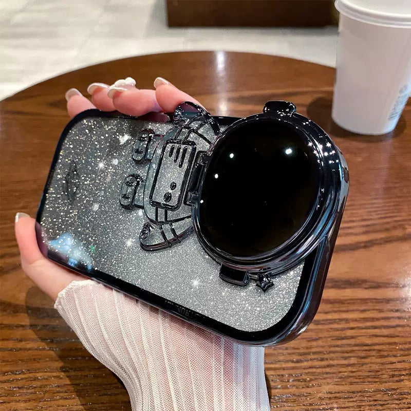 Spaceman Glitter Phone Case for iPhone 14 Pro Max Shockproof Case Anti-Fall Electroplating TPU Phone Shell with Lens Cover Kickstand