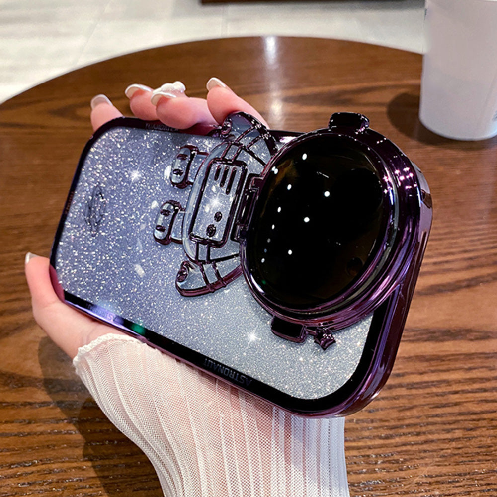 Spaceman Glitter Phone Case for iPhone 14 Pro Max Shockproof Case Anti-Fall Electroplating TPU Phone Shell with Lens Cover Kickstand
