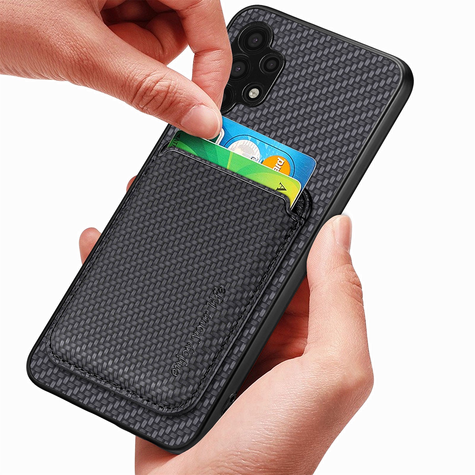 For Samsung Galaxy A32 5G / M32 5G Well-protected Detachable 2-in-1 Magnetic Card Holder Phone Case Carbon Fiber Texture PU Leather TPU PC Protective Cover