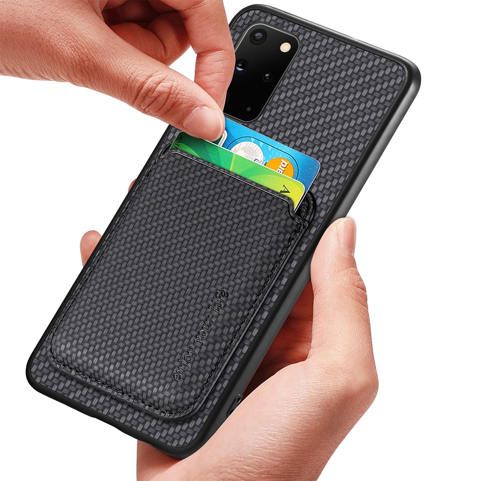 For Samsung Galaxy S20 Plus 4G / 5G Carbon Fiber Texture Shell Card Holder Design Detachable 2-in-1 Magnetic Phone Case PU Leather TPU PC Protective Cover