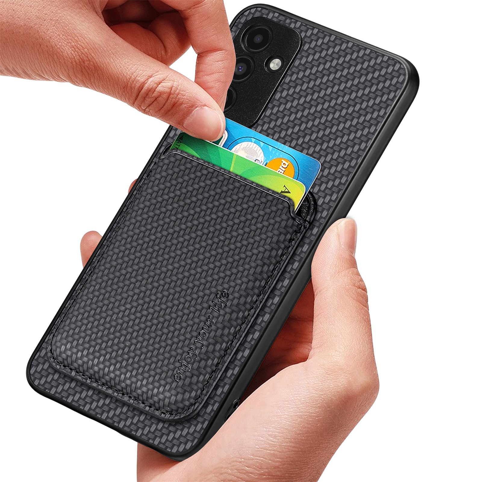 For Samsung Galaxy A04s 4G (164.7 x 76.7 x 9.1 mm) / A13 5G Detachable 2-in-1 Magnetic Card Holder Phone Case Carbon Fiber Texture Shockproof Phone Cover