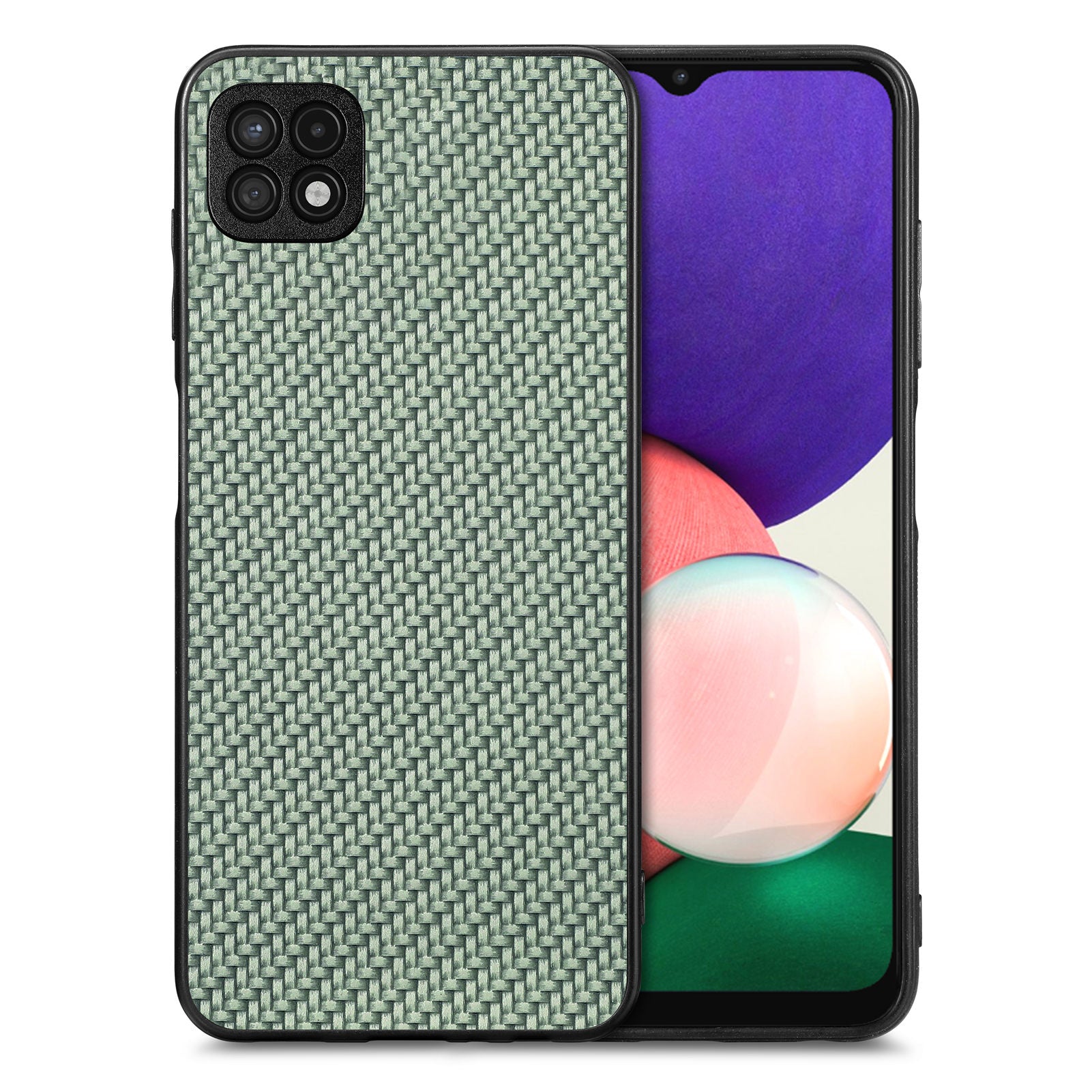 For Samsung Galaxy A22 5G (EU Version) Anti-scratch Carbon Fiber Texture Phone Case PU Leather Coated PC TPU Anti-drop Cell Phone Cover