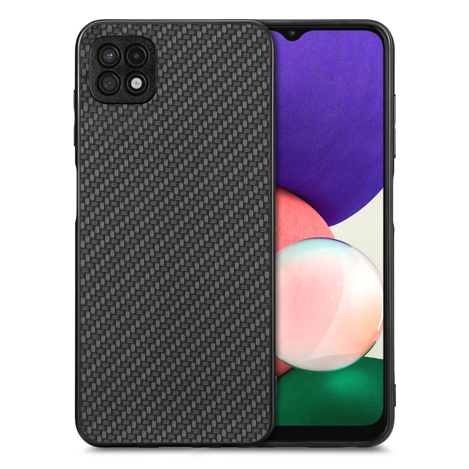 For Samsung Galaxy A22 5G (EU Version) Anti-scratch Carbon Fiber Texture Phone Case PU Leather Coated PC TPU Anti-drop Cell Phone Cover
