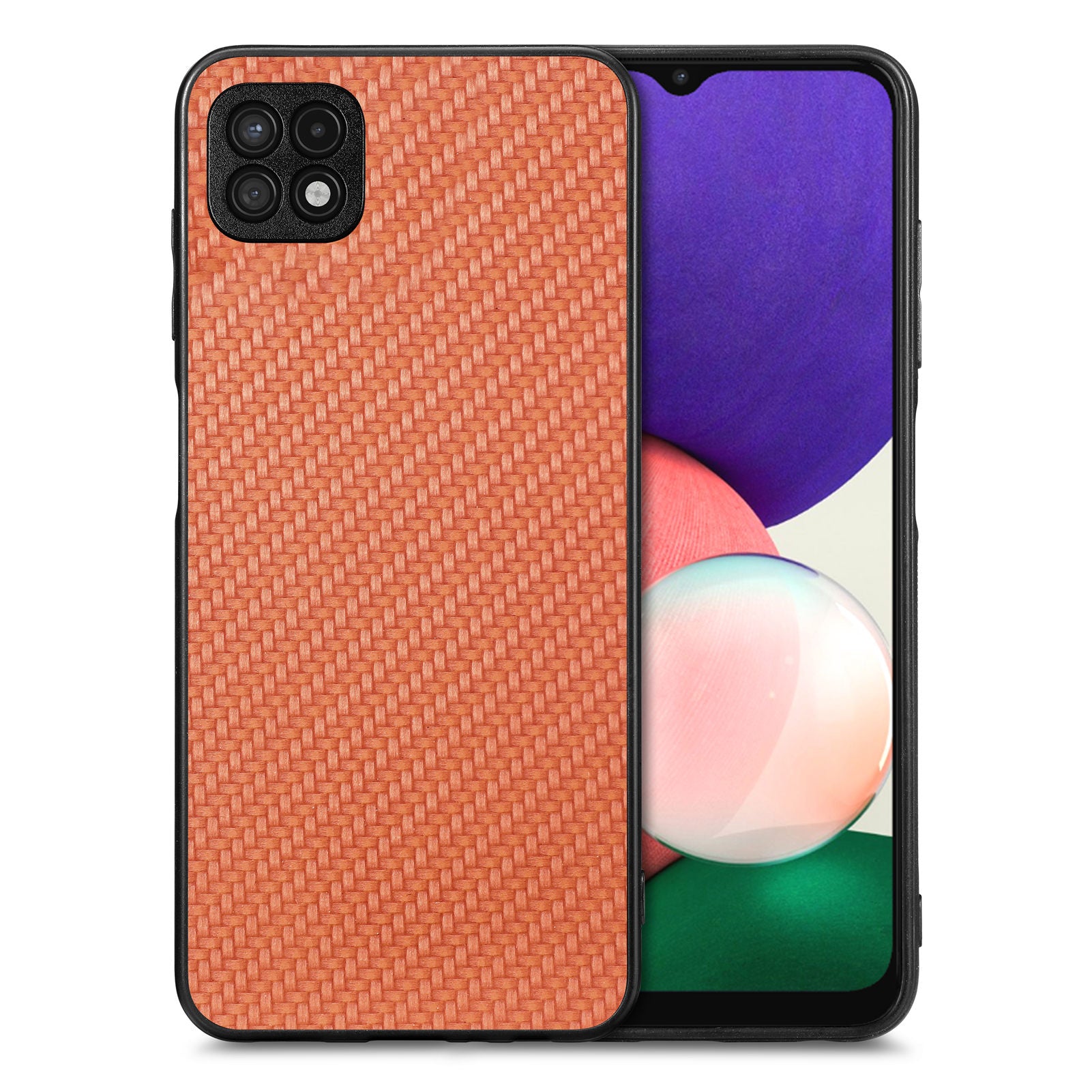 For Samsung Galaxy A22 5G (EU Version) Anti-scratch Carbon Fiber Texture Phone Case PU Leather Coated PC TPU Anti-drop Cell Phone Cover