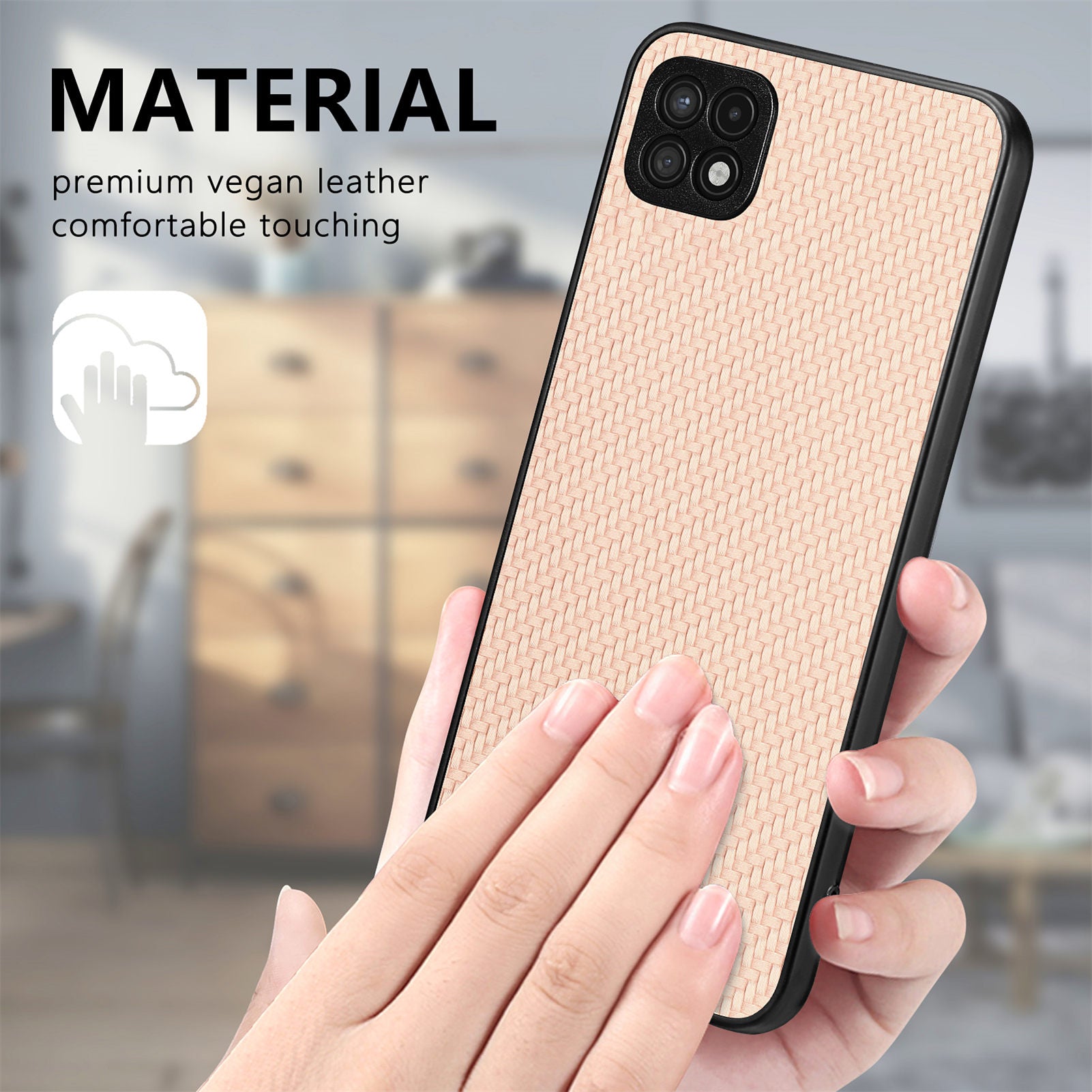 For Samsung Galaxy A22 5G (EU Version) Anti-scratch Carbon Fiber Texture Phone Case PU Leather Coated PC TPU Anti-drop Cell Phone Cover