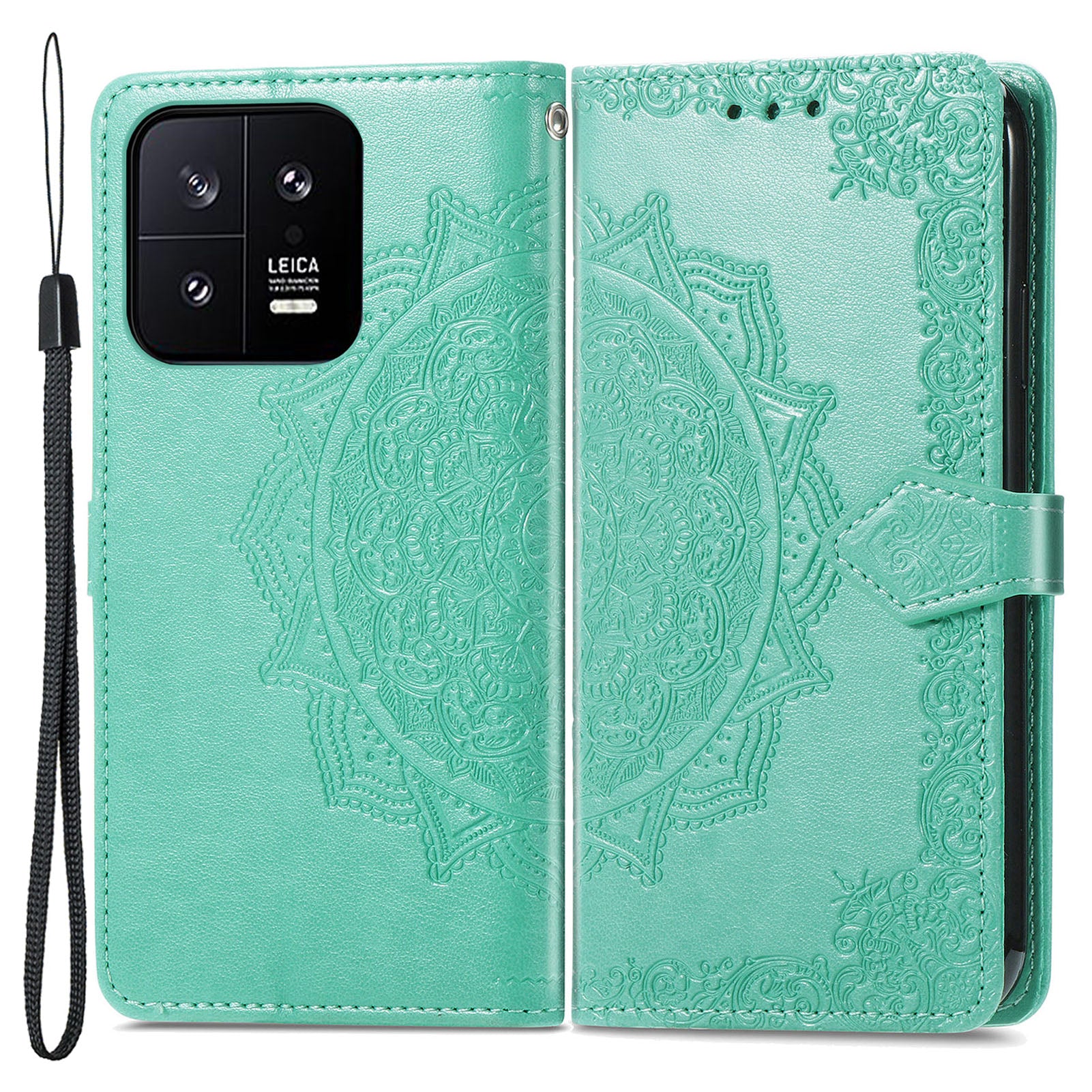 For Xiaomi 13 5G PU Leather Embossed Mandala Pattern Flip Case Magnetic Closure Stand Wallet Phone Cover with Strap