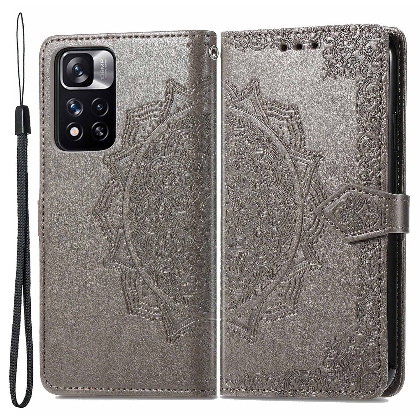 For Xiaomi Poco X4 NFC 5G Redmi Note 11 Pro 5G (China) (MediaTek) Note 11 Pro 5G Embossed Mandala Pattern Wallet Case PU Leather Stand Magnetic Flip Phone Cover with Strap