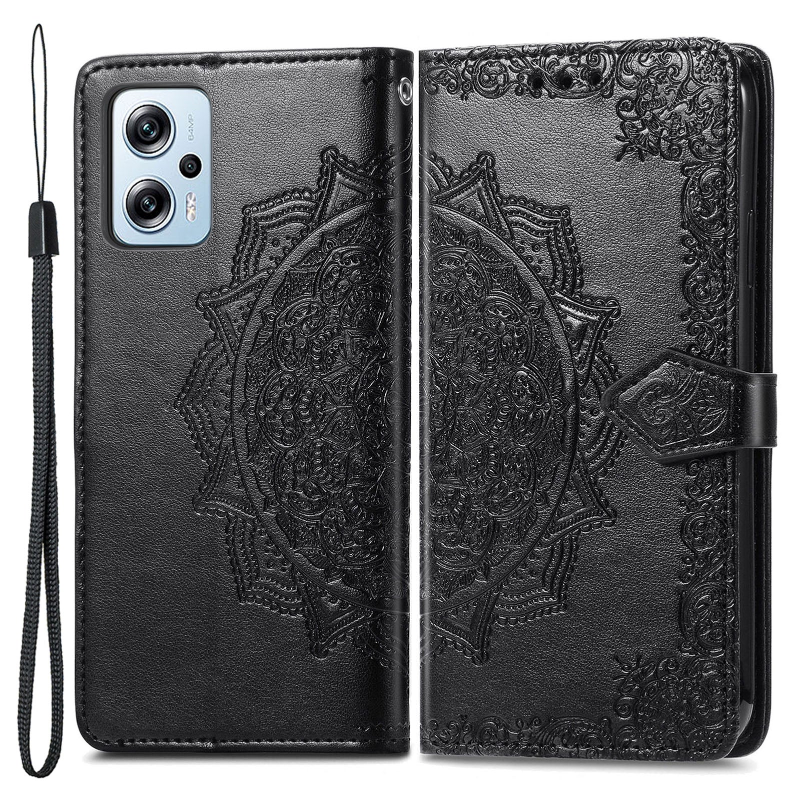 For Xiaomi Redmi Note 11T Pro 5G Note 11T Pro 5G Note 12T Pro 5G Poco X4 GT 5G Redmi K50i 5G PU Leather Phone Case Embossed Mandala Pattern Wallet Stand Magnetic Protective Cover with Strap